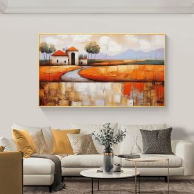 Hand Painted Oil Painting Abstract Village Oil Painting on Canvas Large Wall Art Original Minimalist Orange Landscape Art Custom Painting Boho Li (Style: 01, size: 90x120cm)